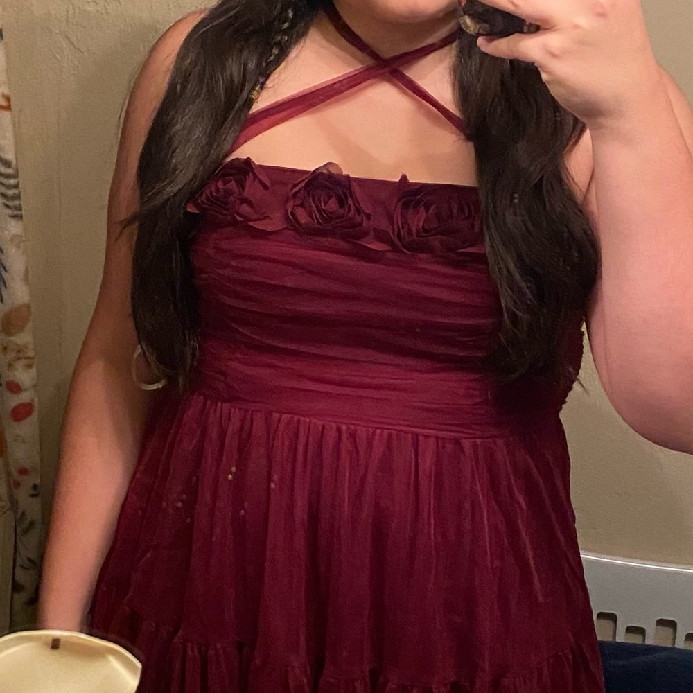 Lulus Sweetest Option Burgundy 3D Floral Ruched Tie-Strap Midi Dress - Picture 3 of 3